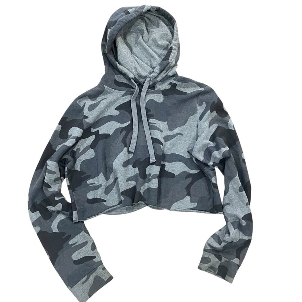 Hollister Crop Top Hoodie Womens Large Black Gray Camo Sweatshirt Long Sleeve